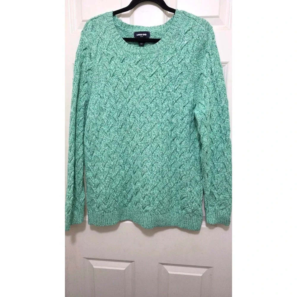 Lands End Women's XL /P Fisherman Chunky Cable Knit Sweater‎ Green Heather